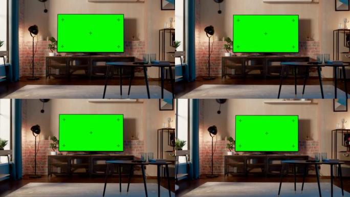 时尚的阁楼公寓内部配有电视，绿屏模拟显示器站在电视柜上。家里空荡荡的客厅，显示器上有色度键占位符。缩