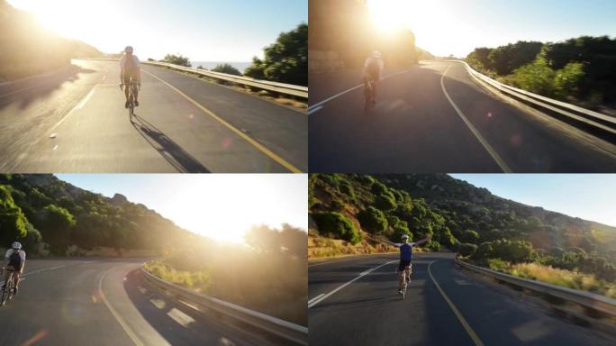 一个年轻人在山上享受日落自行车骑行的4k视频片段