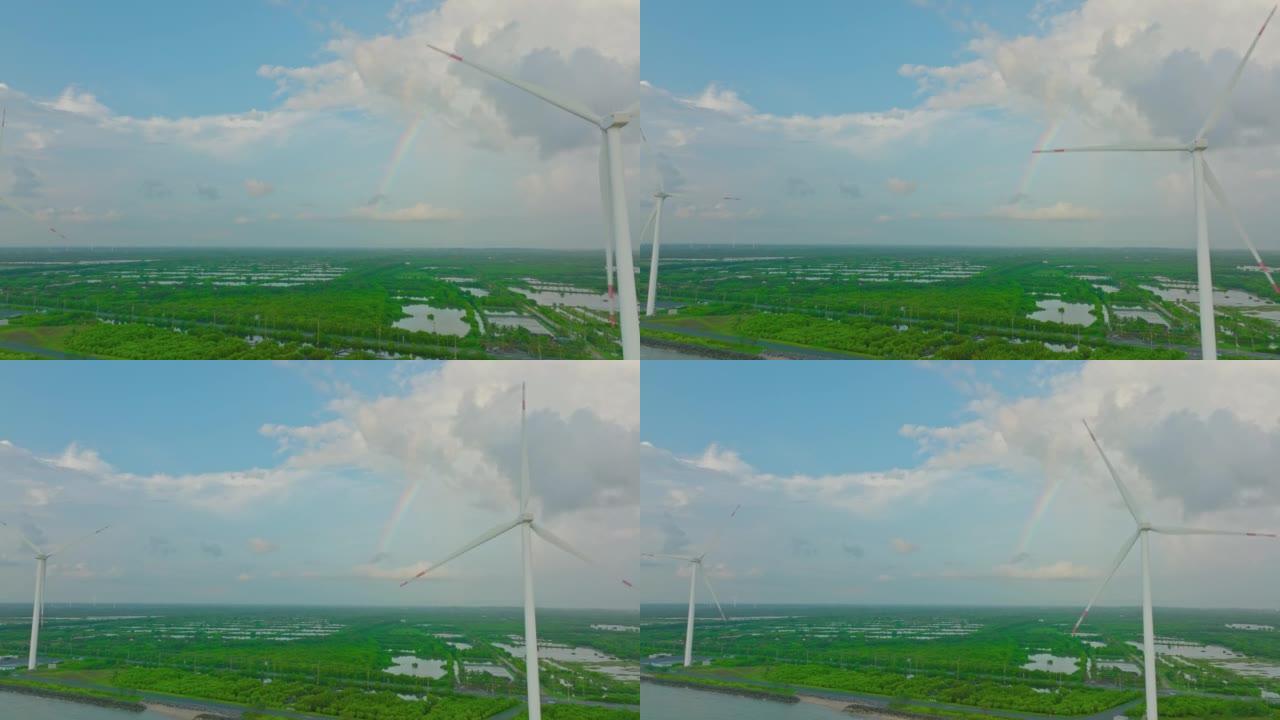 鸟瞰图蓝色阳光明媚的天空中用于能源生产的风力涡轮机领域