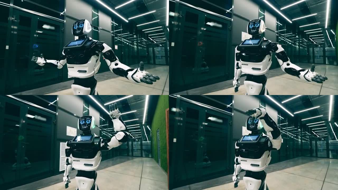 开朗的半机械人在营业厅里移动手臂。人工智能、机器人创新、机器人概念。