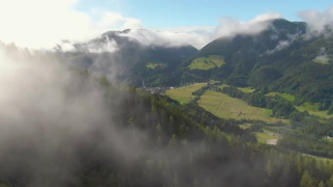 空中: 在美丽的夏日，郁郁葱葱的绿色自然环绕着Kranjska Gora。