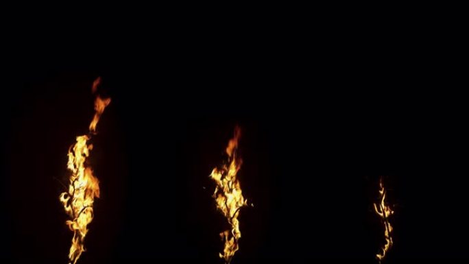 黑色背景上两根木树枝在火焰中燃烧的慢动作镜头。第三根棍子着火了。特殊效果、视觉效果、后期制作、动画的