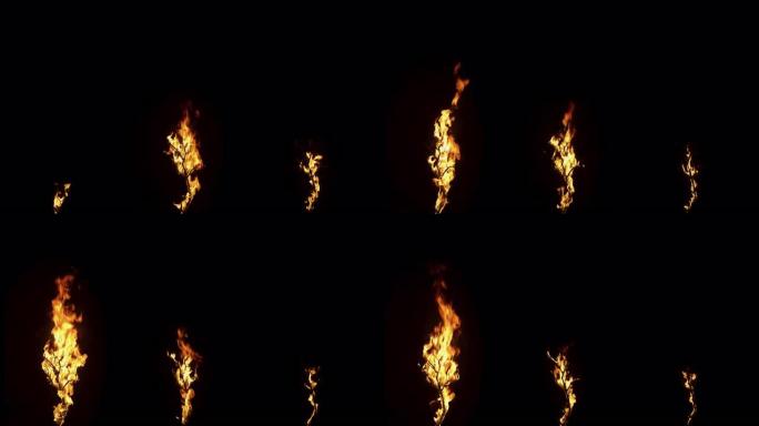 黑色背景上两根木树枝在火焰中燃烧的慢动作镜头。第三根棍子着火了。特殊效果、视觉效果、后期制作、动画的