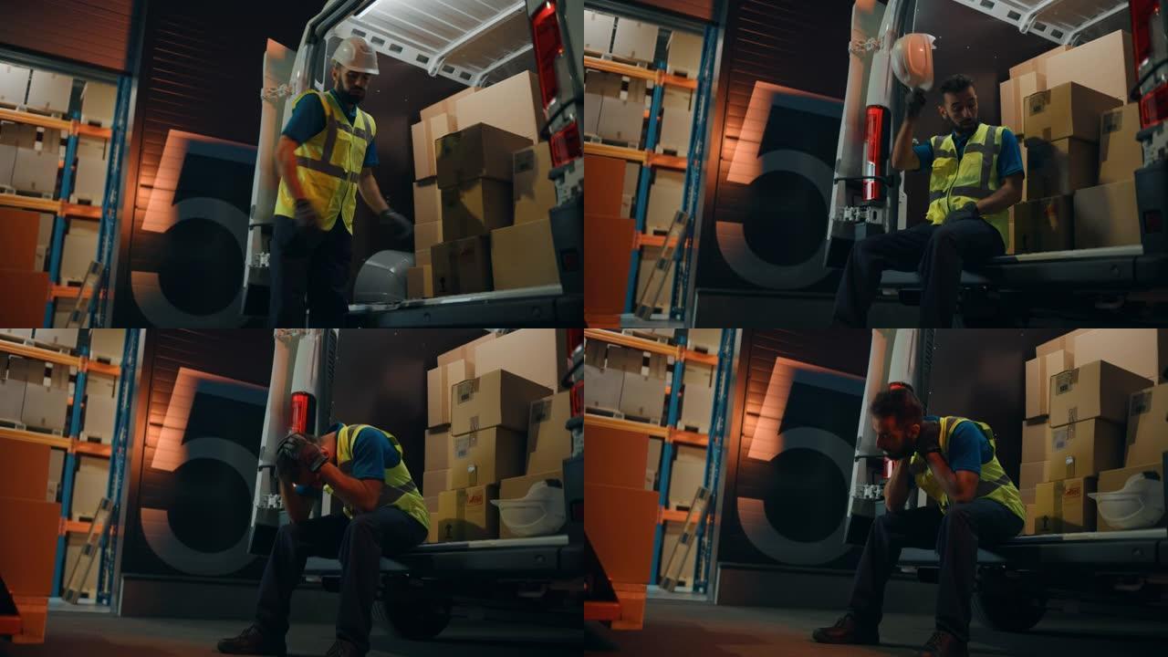戴着安全帽的拉丁男性工人将纸板箱装入送货卡车，休息。在线订单，电商商品，食品，医药。劳累过度的前线英