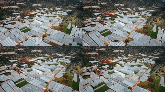 从上面看温室的无人机视图。土耳其的农业