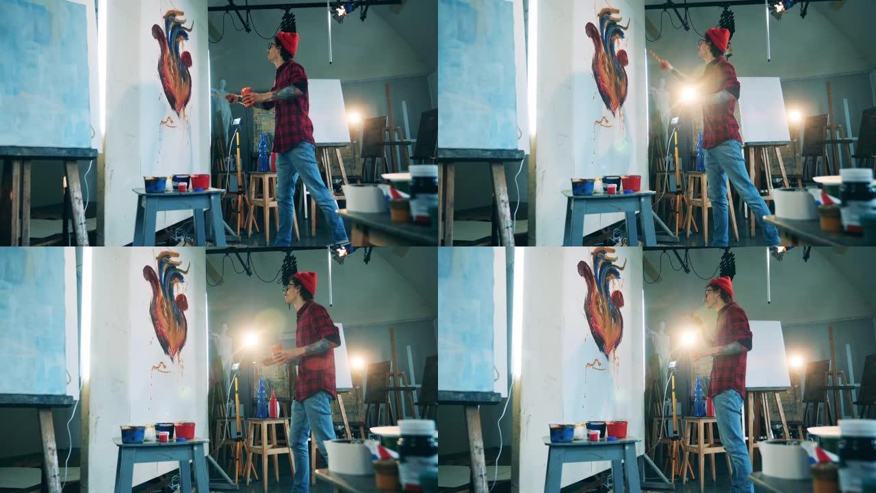 一位艺术家正在用油漆溅起他的画