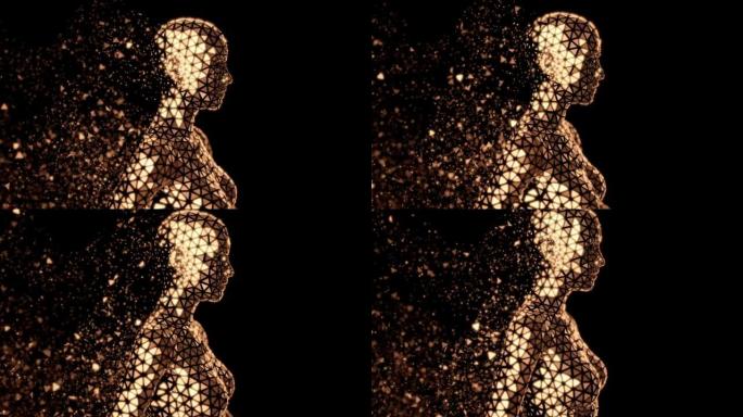 腰部向上的金色数字女性身体轮廓，在黑色背景上行走。留下一丝金色粒子