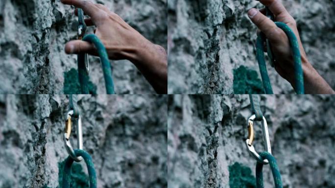 攀岩的安全性扣上安全扣视频素材