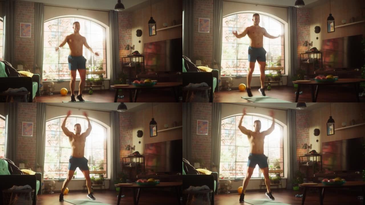 一个强壮的运动黑人男子在家赤膊锻炼，跳起千斤顶的肖像。适合肌肉发达的运动员保持健康，训练，锻炼，出汗