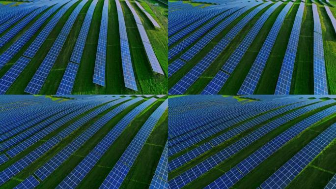 空中无人机在农村太阳能农场成排的太阳能电池板
