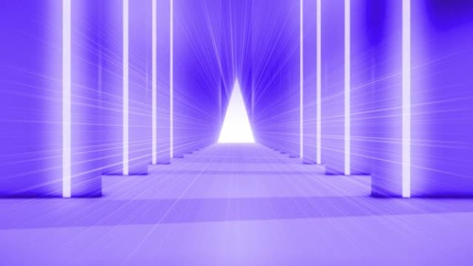 飞越未来主义隧道 (可循环)。慢动作中的抽象3D动画。照明走廊的概念，室内设计，太空船，科学，技术，