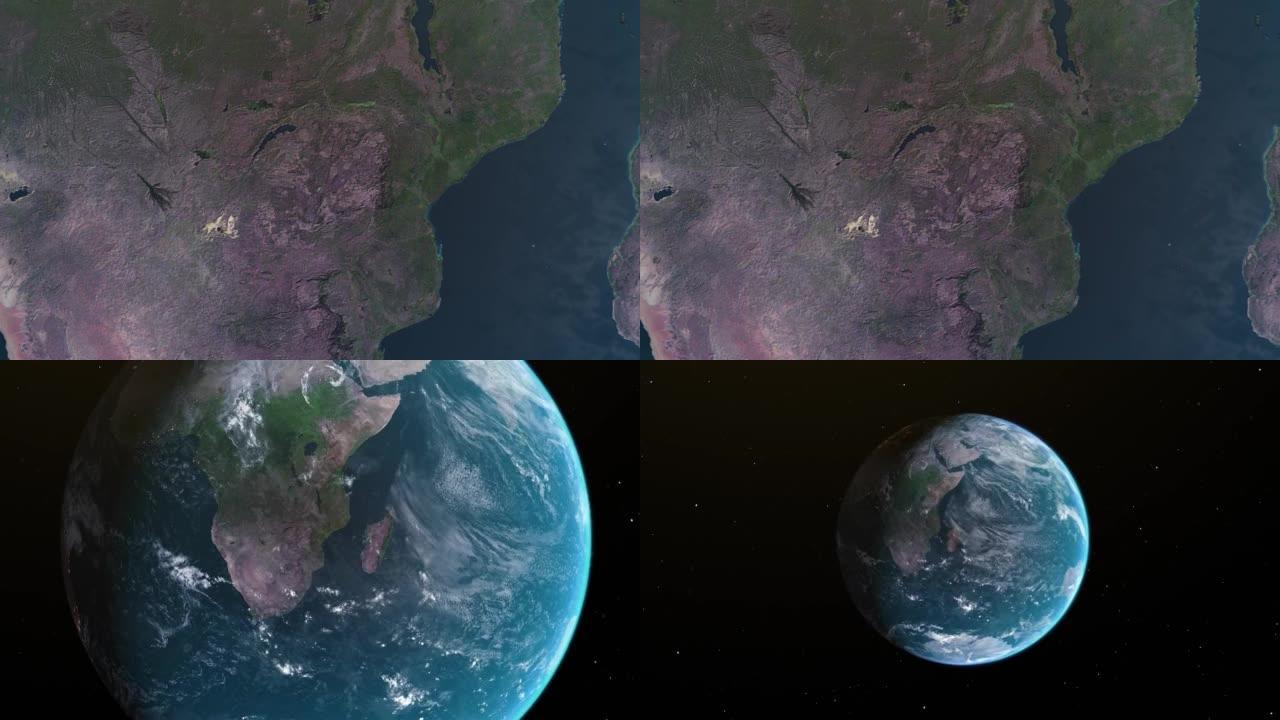 津巴布韦地图，通过一个4K照片真实动画地球仪放大到太空中，包括非洲、西亚和欧洲的全景。史诗旋转世界动