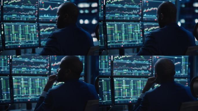 特写金融分析师在计算机上工作的肖像，带有实时股票、商品和交易所市场图表的多显示器工作站。在投资机构工