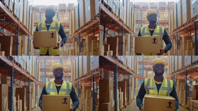 帅气的男工人戴着安全帽，拿着纸板箱，穿过摆满货架的零售仓库。在交付和配送中心工作。前跟随慢动作