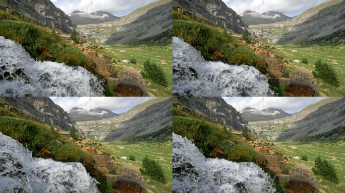 从西班牙阿拉贡韦斯卡的奥德萨和蒙特佩尔迪多国家公园的山河和瀑布流出的淡水。冰川谷。UHD