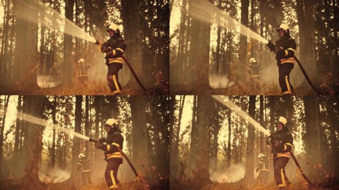 经验丰富的消防员扑灭森林深处的荒地大火。专业的安全制服和头盔使用消防水带与全球变暖和夏季高温引起的危