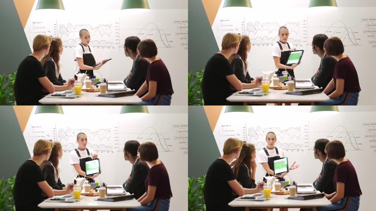 Seo演示，UI平板电脑和女发言人展示未来，同时在商业会议的白板上谈论分析，算法和图表。男男女女在研