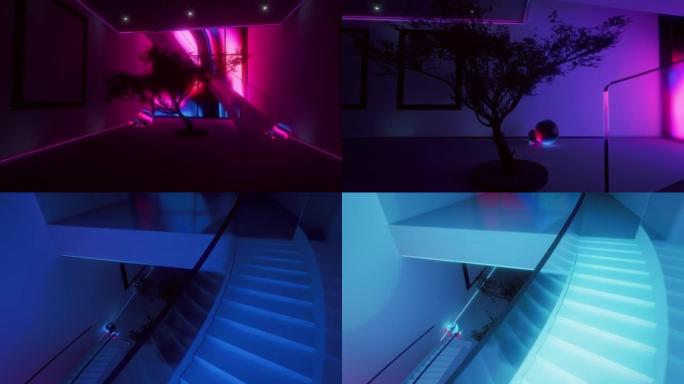 摄像机从一楼到一楼的东方设计豪华房屋的楼梯上飞过，我们在聚会的霓虹灯中看到它