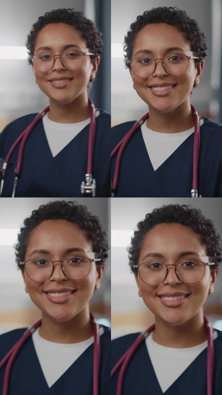 垂直屏幕。医院病房: 摆姿势美丽的黑人女护士长，医生，外科医生迷人地微笑着，亲切地看着镜头。设备先进