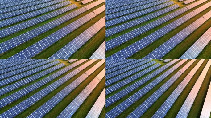 农村太阳能农场上的一排排太阳能电池板