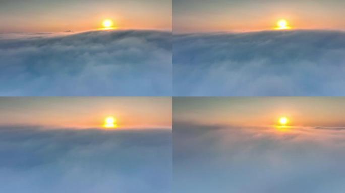 空中无人机穿过云雾，到达梦幻世界