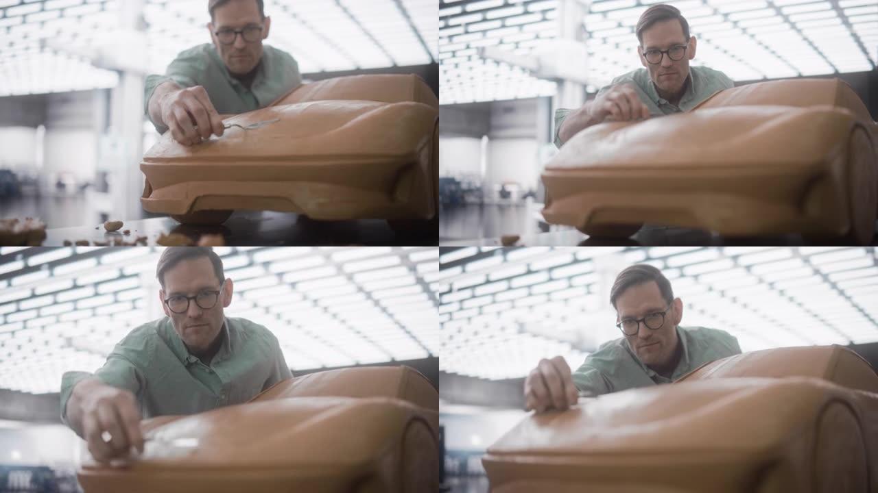 汽车设计师雕刻新量产车的3D粘土模型的特写肖像。专业工程师使用刮刀仔细地抚平原型概念车的边缘