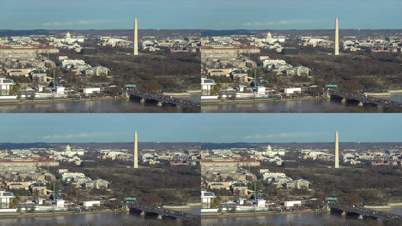华盛顿特区国家广场的空中高角度视图，林肯纪念堂华盛顿纪念碑和美国国会大厦。美国地标和旅游目的地概念