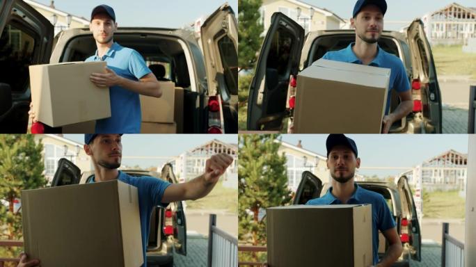 送货员从货车上拿走纸箱并将其运送到顾客家的肖像