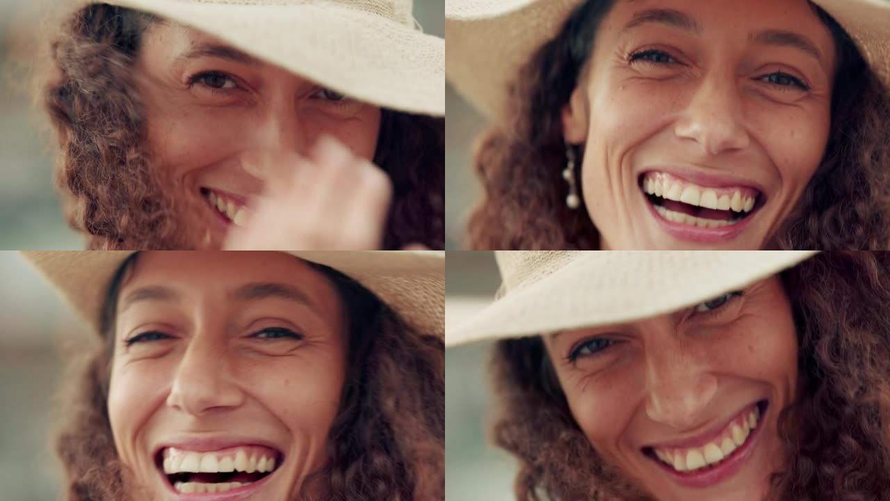 快乐，女人和宏观视图的脸，在风中笑着享受夏天。在大风天，戴着太阳帽的人感到幸福，自由生活和度假乐趣的