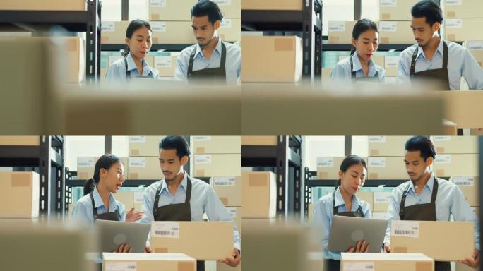 亚洲商业伙伴女孩拿着笔记本电脑，男人穿着正式衬衫拿着纸板箱培训库存在线库存数据计划，用于仓库交付客户