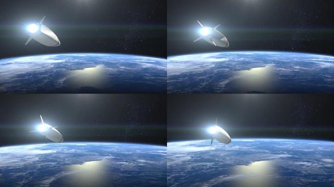 一枚核高超音速导弹飞走很快。从太空看。火箭飞行并旋转。高超音速武器。核战争。火箭正在接近地球。4K.