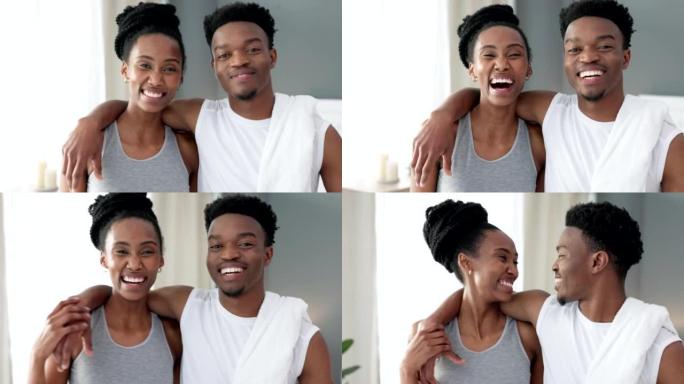 锻炼，非洲夫妇和运动后黑人妇女和男人的幸福微笑。训练，运动和健康的伴侣的幸福肖像与健身，爱和健康的心