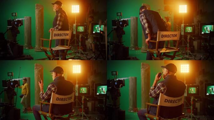 杰出的成功高级导演坐在他的椅子上，并命令 “行动!” 开始拍摄。在具有高端设备的工作室电影背景下，专