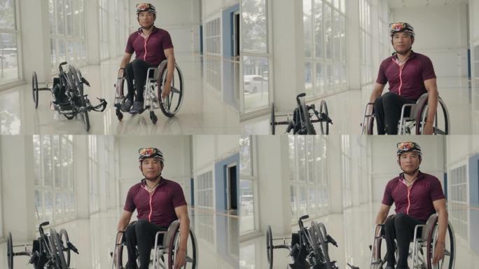 一个快乐的年轻残疾人的肖像正在骑自行车。