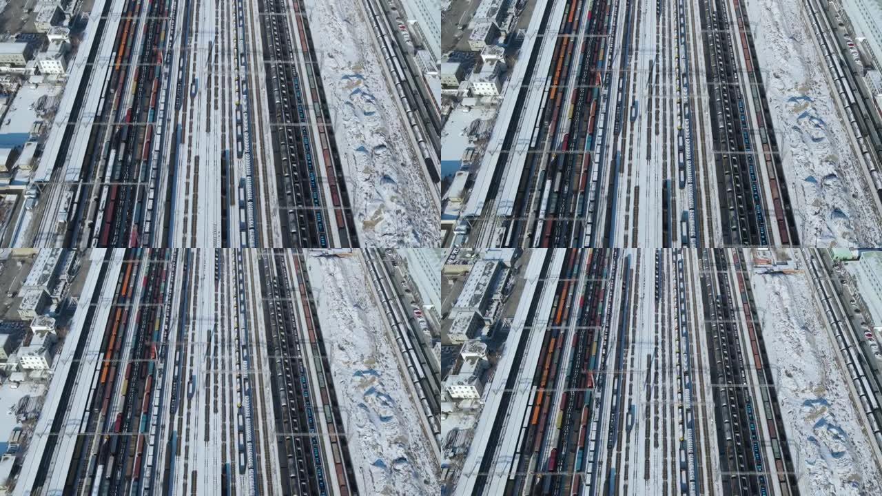 冬季货运列车和火车站的鸟瞰图