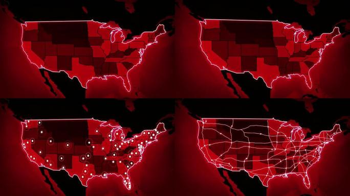 美国地图与机场，公路和铁路。红色的。Loopable。