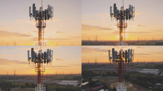 日落时鸟瞰电信塔城市高速发展城市文化城市