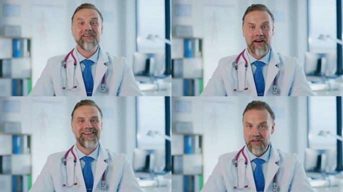 留着胡子的家庭医生站在镜头前，挥舞着手，在一家卫生所里交谈。穿着白大褂的成功医生看着相机，在医院办公