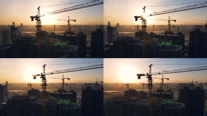 日出时建筑工地的鸟瞰图