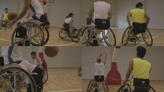 轮椅篮球运动员在练习赛中投篮。