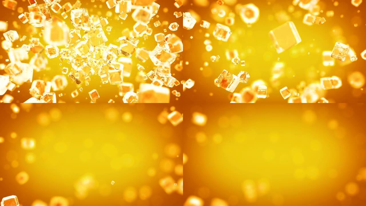 在4K内爆炸冰块黄色爆炸背景冰块三维动画