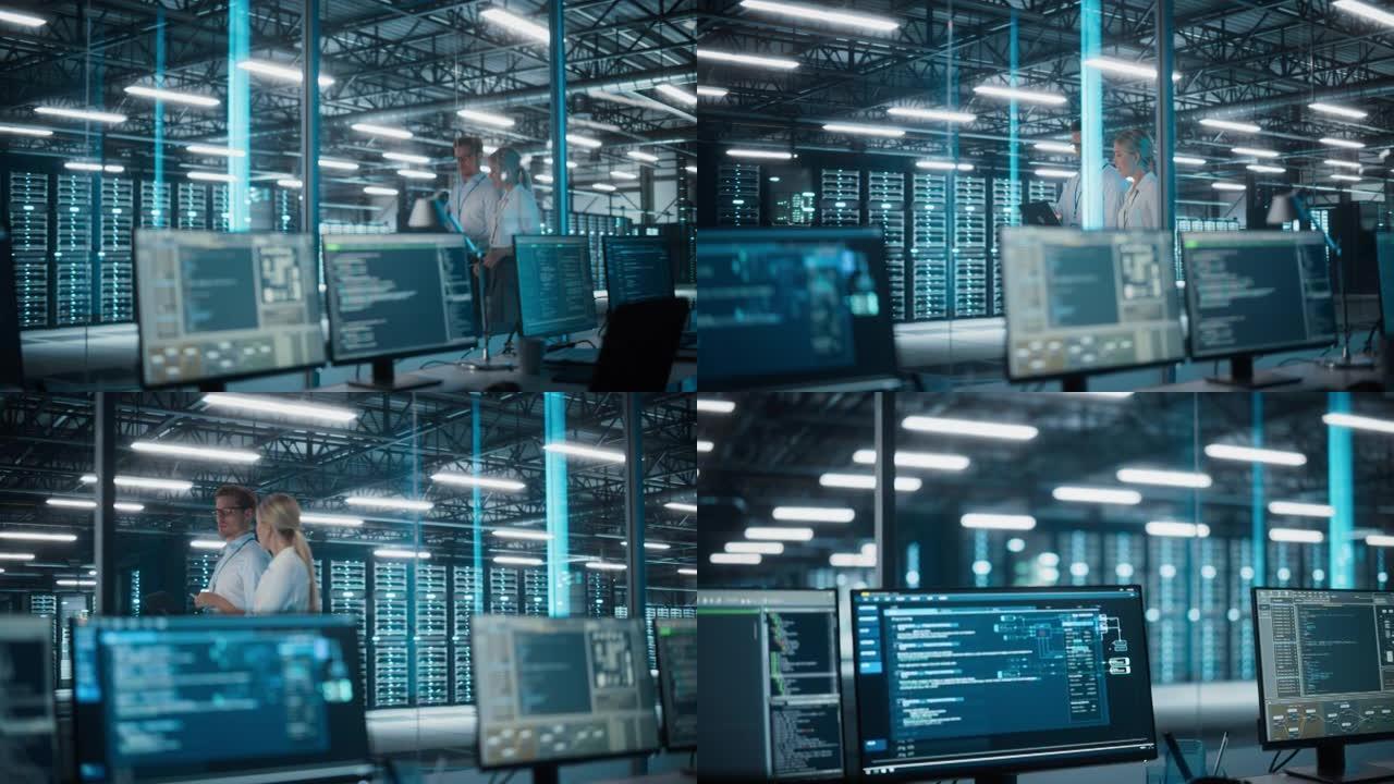 数据中心服务器室: 女性电子商务企业家和男性IT专家交谈，使用笔记本电脑，走路。机架聚焦计算机屏幕与