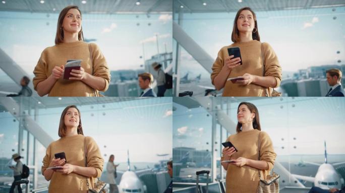 机场航站楼: 快乐旅行的白人妇女在登机口等待登机，使用移动智能手机，在互联网上检查旅行目的地。度假旅