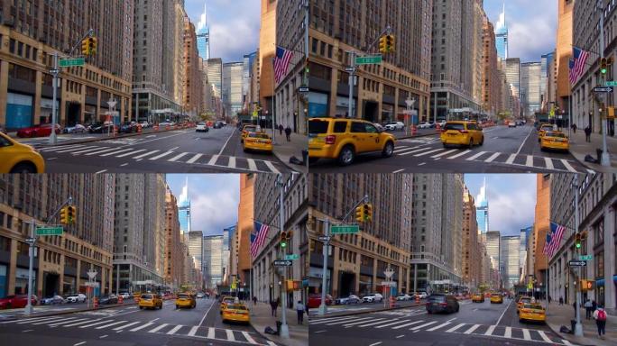 曼哈顿大道。纽约外国街头黄色轿车斑马线