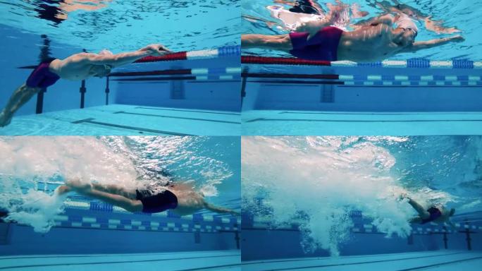 职业男运动员戴护目镜练习水下游泳。体育活动、决心、锻炼、健康生活方式的概念。