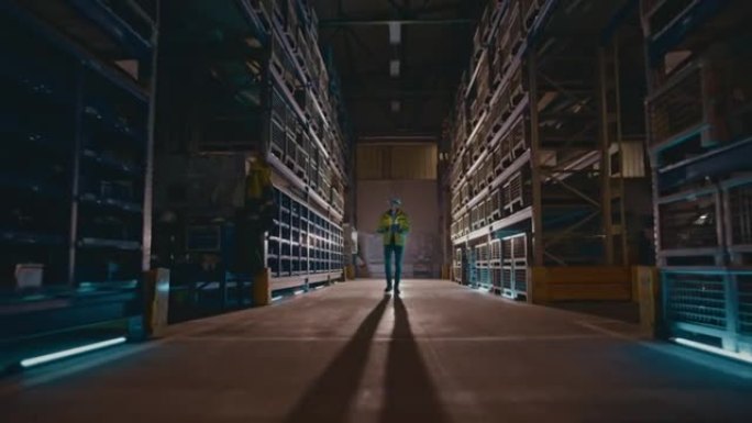WS男性工人在仓库中行走时使用数字平板电脑