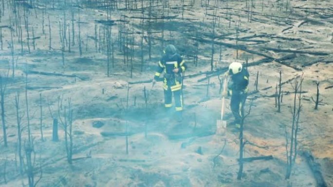 残留的林地大火正在被消防员扑灭