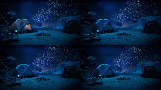 自然之夜露营: 旅行者准备在帐篷里睡觉，在远足，徒步旅行，旅行的活跃日之前休息。银河系星星闪耀在落基