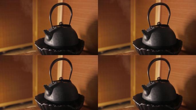 亚洲茶概念，黑色蒸汽茶壶