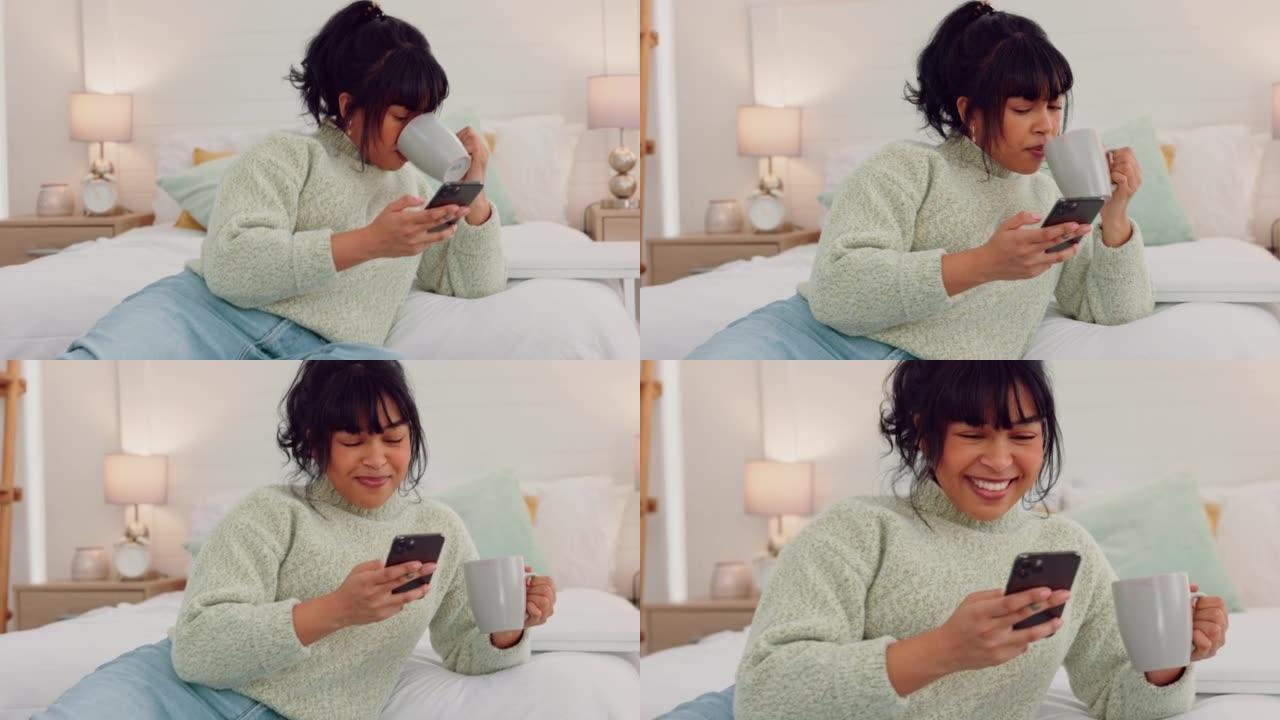 快乐和放松的女人，在互联网上打电话，一边笑一边在床上喝咖啡一边流媒体和发短信。微笑，女性聊天，使用社
